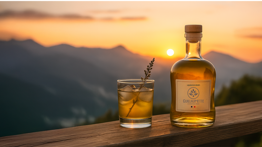 Cocktail au génépi rafraîchissant servi sur un rebord de balcon avec une bouteille de Génépi Guillaumette, face à un coucher de soleil en bord de mer.
