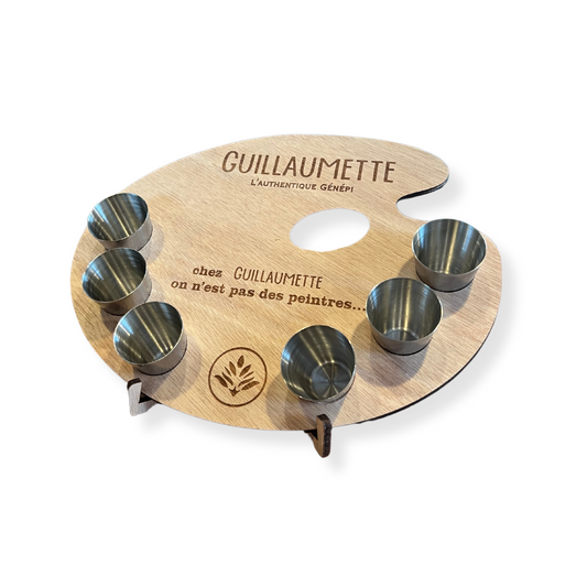 Palette de peintre en bois gravée Guillaumette pour le service de la liqueur de génépi et ses 6 verres en inox